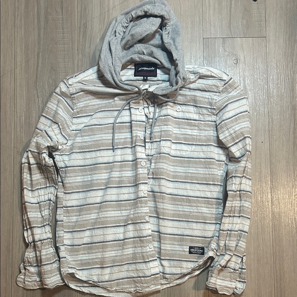 Aeropostale Beige and Gray Striped Hoodie